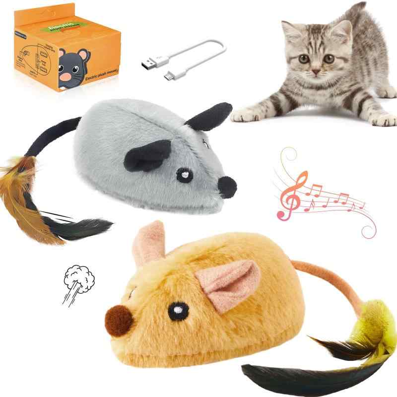 Canplus 猫おもちゃ 電動ねずみ インタラクティブおもちゃ 不規則運動 障害物回避センサー 天然羽根 ねずみの鳴き声 LEDライト付き USB充電式 簡単操作 猫の運動不足 ストレス解消 好奇心満足