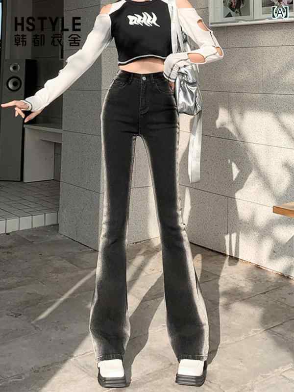乐天商城 - レディース デニムパンツ 黒 グラデーション カラーブロック ハイウエスト 微喇 スリム 脚長 ヒップカバー 馬蹄 喇叭 コットン ポリエステル 綿素材 ポリエステル混 ストレッチなし ロング丈 通常厚 ダーク加工 復古風 快適カジュアル 夏 2025年