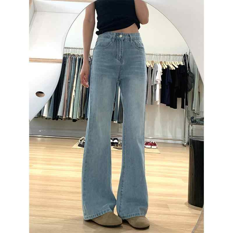 牛仔パンツ レディース 微喇 梨形身材 春季 大きいサイズ 弾力 伸縮性 綿混 ミドルウエスト ロング丈 ゆったりシルエット ライトブルー ブラック ラグジュアリーレトロ レース ミディアム厚 シワ加工 イージーケア かわいい 普段使い 通勤 通学 足さ