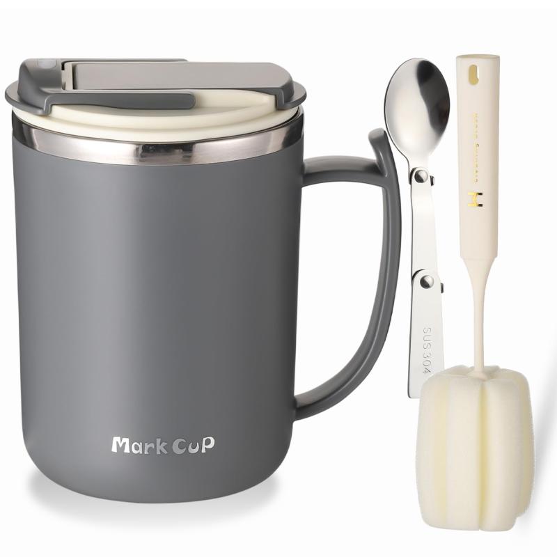 マグカップ 蓋付き ステンレス製 500ml 保温 保冷 真空断熱 ホット アイス コーヒー 温活 冷え性対策 吸熱構造 折りたたみスプーン付 ボトル洗いスポンジ付き