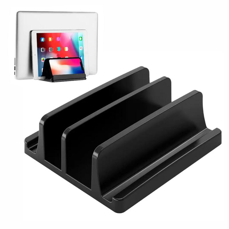 ノートPC スタンド 縦置き パソコンスタンド 4台 タブレット 収納 可能 ABS 素材 省スペース デスク 整理 ブラック スリム 薄型 自立 式 二段 構え オフィス 在宅 ワーク デュアル オープニング