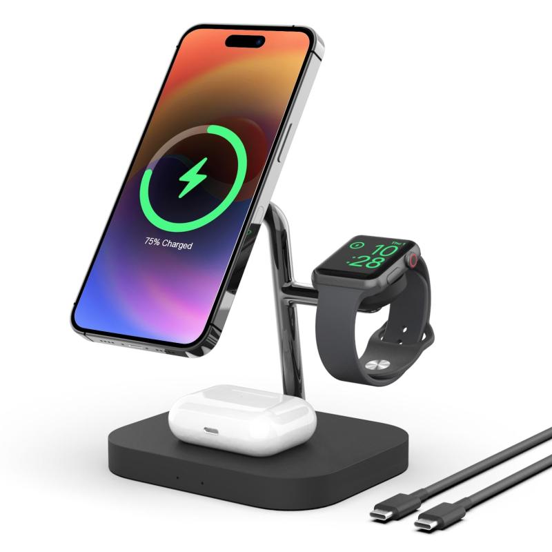 PoplarTrees ワイヤレス充電器 マグネット式 3 in 1 充電器 iwatch11/10/ 9/8/7/6/SE/5/4/3 ，pods 2/3/4/Pro，iphone17/16/15/14/13/12 Series対応（アダプタなし）