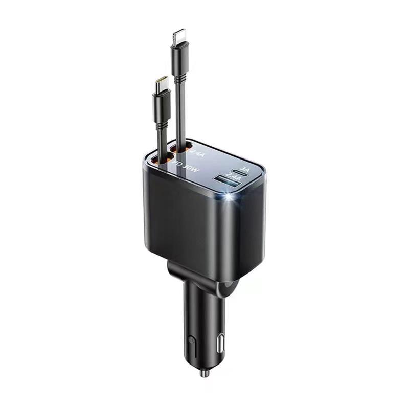 4in1 車 充電器 シガーソケット 巻き取り式充電器84W しがーソケット USB 急速充電 Cタ ...