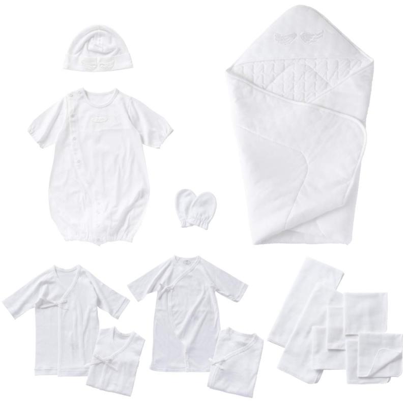 [クリーム デ ココ] 天使の羽 出産準備 15点セット ベビー 新生児 赤ちゃん ギフト ツーウェイオール 帽子 アフガン ミトン 肌着 無地 ガーゼハンカチ バスガーゼ 産後すぐ使える 日本製 オフ