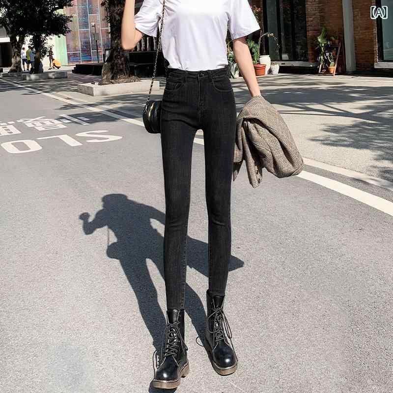 レディース デニムパンツ ハイウエスト タイト 伸縮性 綿混 春夏 九分丈 スリムレッグ ペンシルパンツ 気質 通勤 普段使い 軽量 ブラック ブルーグレー ライトブルー 洗い加工 フレアシルエット 洗練 shadowtail-11120733 シャドーテール サンプル画像2