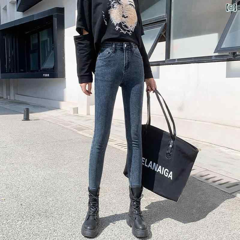 レディース デニムパンツ ハイウエスト タイト 伸縮性 綿混 春夏 九分丈 スリムレッグ ペンシルパンツ 気質 通勤 普段使い 軽量 ブラック ブルーグレー ライトブルー 洗い加工 フレアシルエット 洗練 shadowtail-11120733 シャドーテール サンプル画像3