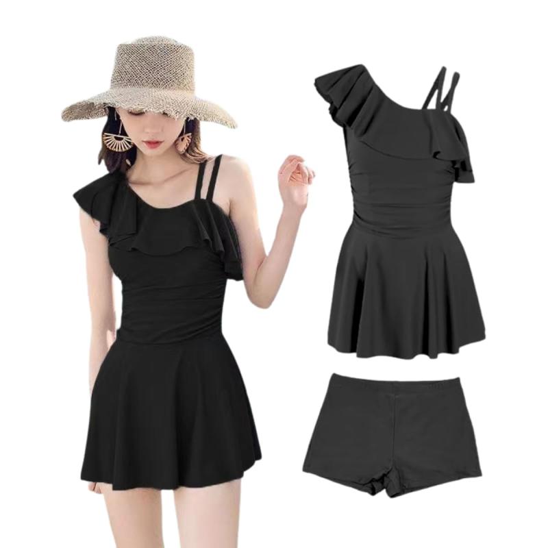 [Winsuteki] 水着 レディース 2点セット ワンピース ショートパンツ ワンショルダー フリル ハイウエスト 体型カバー スイムウェア 温泉水着