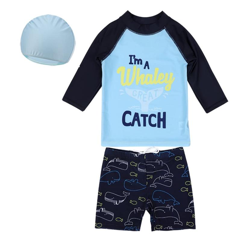 [Mon Ange] 男の子 水着 キッズ スイミング 3点セット 水遊び みずぎ スイミングウエア水着 3点セット トップス+トップス+パンツ+ 帽子可愛いわが子にはいつも可愛い姿でいてほしい夏の思い出を残すアルバムにも、最高に可愛い姿を...