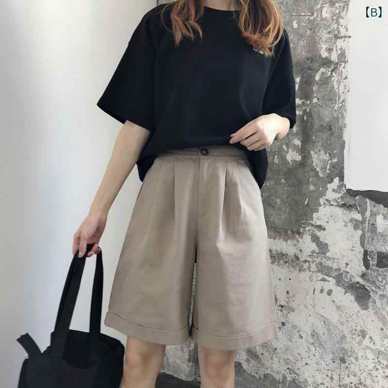 ハーフパンツ レディース 韓国風 高腰 ワイドレッグ 短パン ブラック カーキ M L XL 2XL 3XL 4XL ゆったりめ 薄手 ストレートパンツ ショーパン スタイル パンツ 普段使い