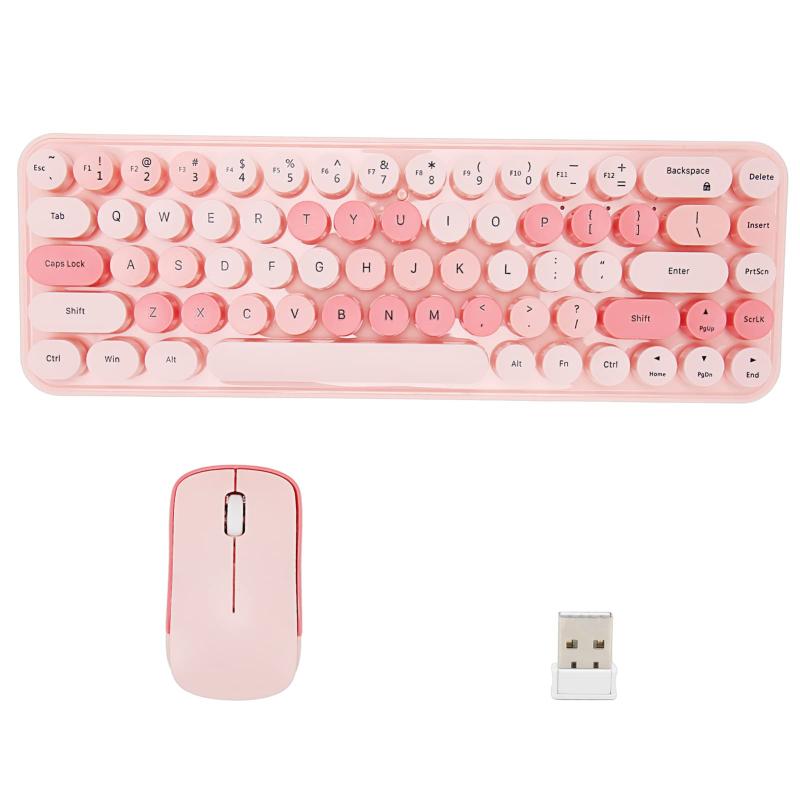 ワイヤレスキーボードとマウスのコンボ、68キーかわいいレトロラウンドキーキャップタイプライターキーボード、ワイヤレスマウス3 DPI付き、ホームオフィス用コンピュータキーボードと