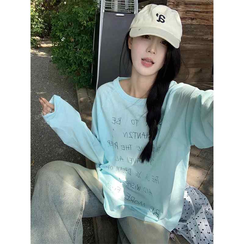 Tシャツ レディース 長袖 ラウンドネック プリント ゆったり スリム 薄手 UVカット トップス 綿混 伸縮 春 ブルー ホワイト ピンク