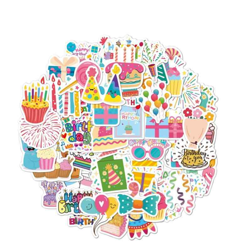 Zolarkar 50枚 お誕生日 シール ステッカー おしゃれ バースデー シール 小きいステッカー花火、風船、帽子、ケーキなどの誕生日素材のシール 防水 ステッカー 可愛いシール DIY バースデーパ