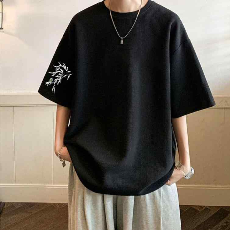 Rakuten - メンズ Tシャツ 短袖 ワッフル 柄 夏 服 黒 白 丸首 合体型 薄手 透気性 耐摩耗 幾何学 プリント ポリエステル 混紡 運動 トップス ゆったり シルエット ポールテーパー スタイル 青少年 向け