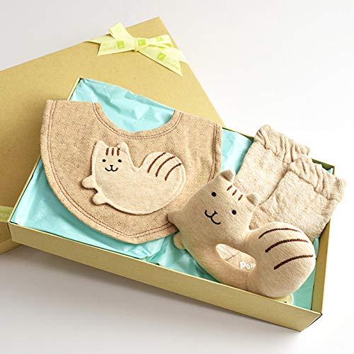 オーガニックギフトセットR-1 シマリス pompkins BABY オーガニックコットン100％ ミニスタイ ガラガラ クルーソックス 3点セット 日本製