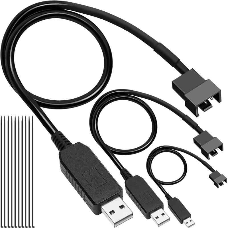 MKBKLLJY 3個 12V USB昇圧PCファン電源アダプターケーブル 速度制御 USB-3ピン/4ピン コンピュータ冷却コネクタ 34.5cm (13.5インチ) ケーブル結束バンド付き