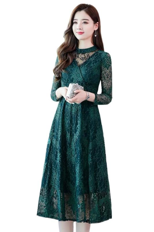 [Chubikime] ワンピース レディース 結婚式 ドレス パーティードレス 総レース 長袖 ミディアム丈 Aライン レースワンピース 裏地あり ベルト付き 着痩せ フォーマル お呼ばれ 二