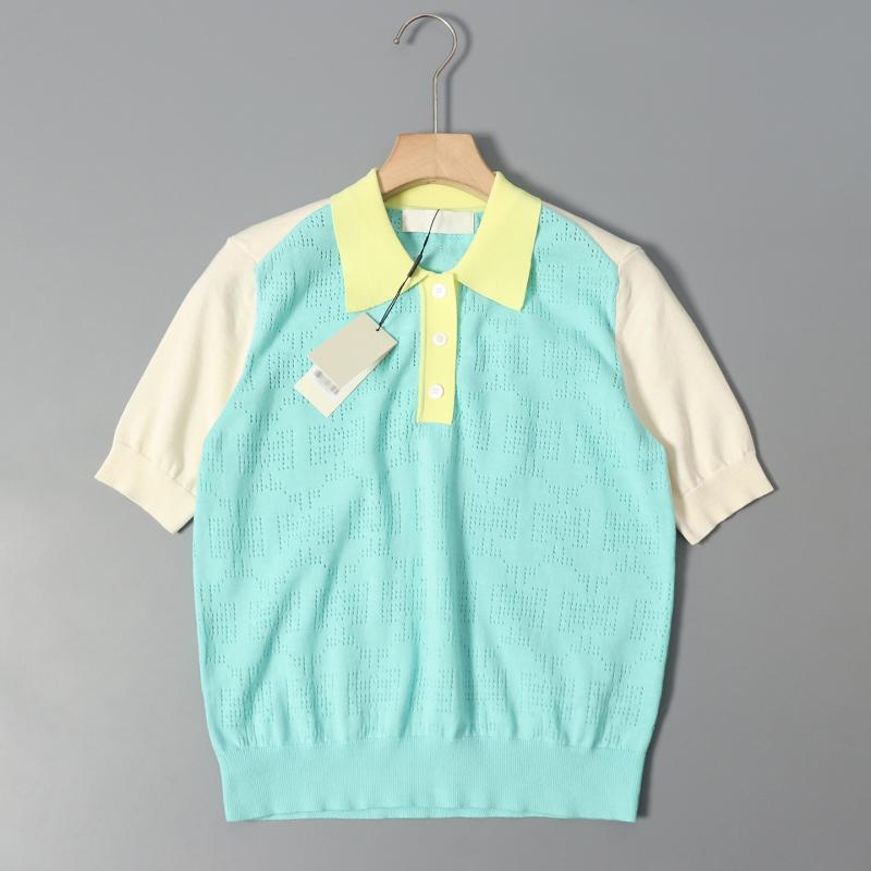 Other - レディース ニット トップス 春夏 短袖 ポロカラー 切り替え フルフラワー 刺繍 オープン編み 緑 ビッグシルエット 吸湿速乾 コットン混 軽量 伸縮性 通勤 普段使い ルームウェア ゆったり フィット