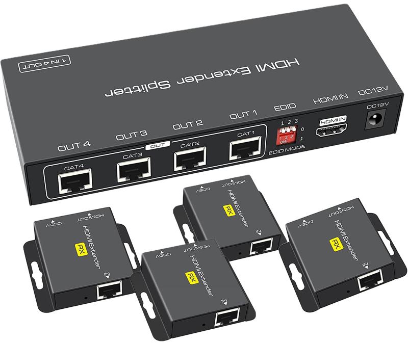 4出力HDMI LAN エクステンダー 延長分配器 同時出力 4 LAN 出力 HDMI スプリッター 単電源 HDMI 延長器1080P フルHD 50Mまで延長 1入力 4出力 4画面 CAT6 CAT6A CAT7 対応 TX 4RX セット DC