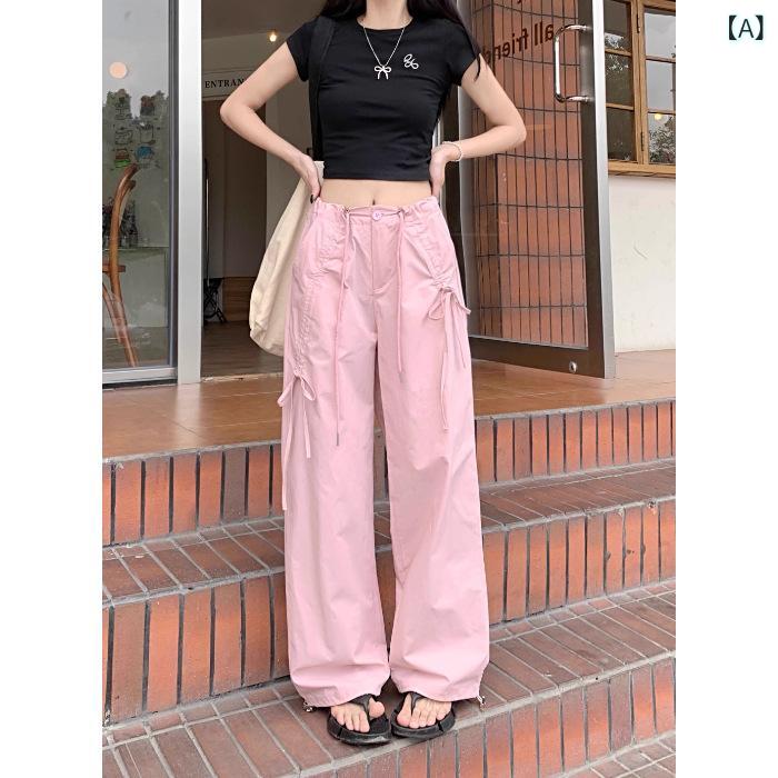 乐天商城 - レディース ワイドパンツ コットン 素材 高腰 デザイン 軽量 薄手 微弾性 速乾 切り替え ポケット 付き 黒 ピンク 紫 夏 コーデ 普段使い ゆったり シルエット 蝶結び ディテール 長丈 ストラップ タイプ カジュアル スタイル 日韓 風 ファッ