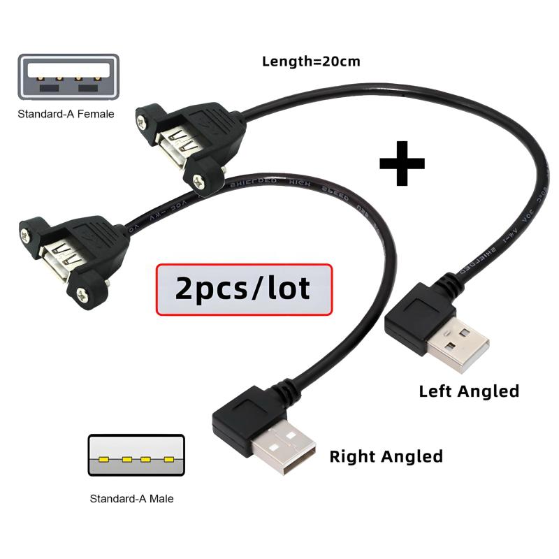 CY ケーブル 2個/ロット 左＆右角度タイプ USB 2.0 タイプA オス - USB メス 延長ケーブル 90度タイプ 20cm