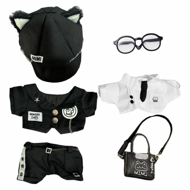 niannyyhouse 20cm ぬいぐるみ 服 黒猫セット 帽子 上着 ワイシャツ 半ズボン リュックサック メガネ 着せ替え 綿人形 アクセサリー