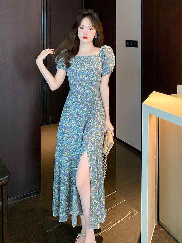 ワンピース 女性用 春季 方領 泡泡袖 フラワープリント 雪纺 収腰 開叉 中長丈 紫 浅青 日韓 休闲 気質 优雅 ポリエステル 素材 軽量 通気性 かわいい スタイル 普段使い デート 気軽 カジュアル