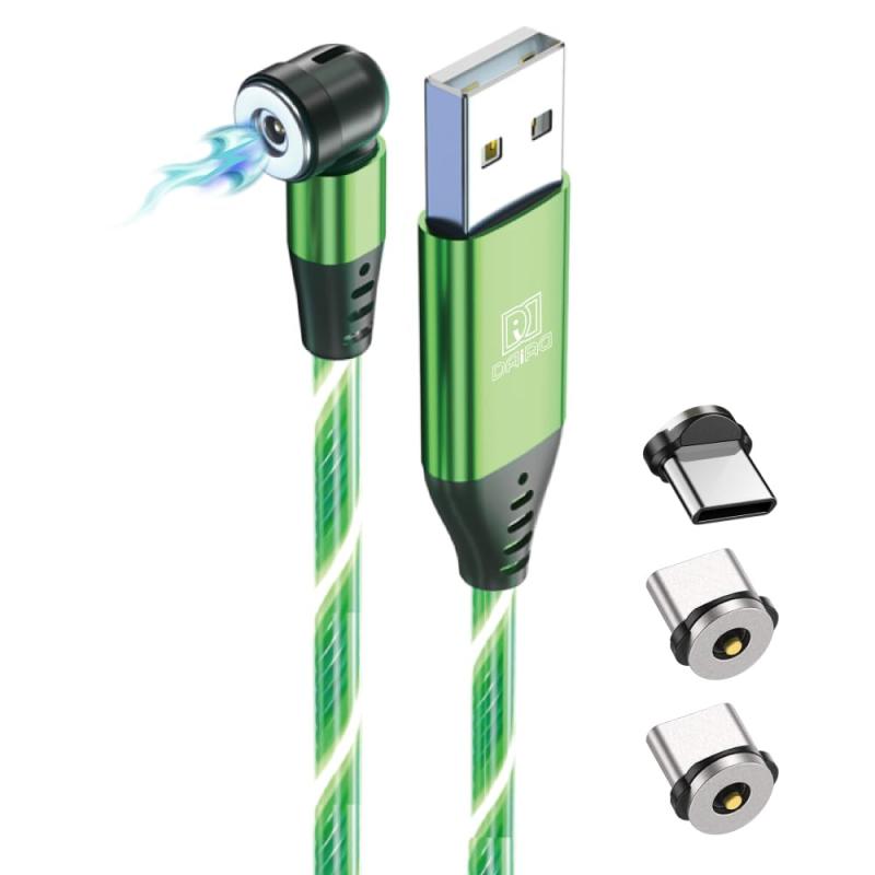 DAIAD USB A to Type-C 光る マグネット式 充電ケーブル LED イルミネーションケーブル 1PIN 充電専用 着脱式 防塵キャップ 首振り L字 360度回転 端子3個セット 1m