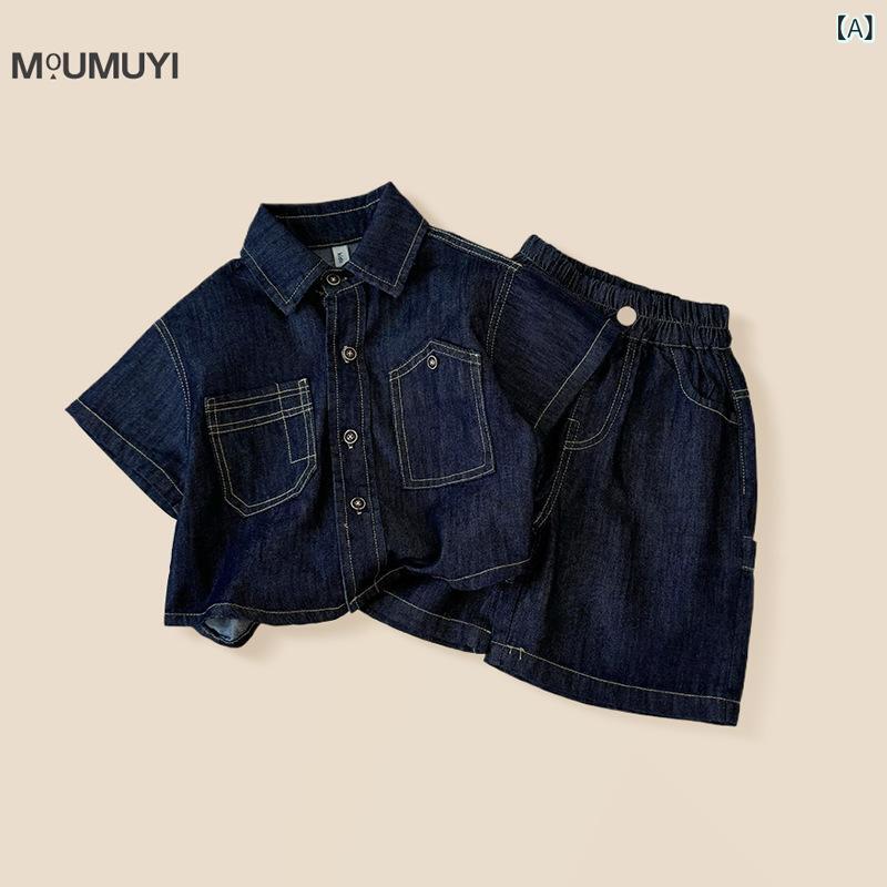 ・カテゴリ: 童セットアップ・スタイル: 韓国風・セット数: 2点・袖丈: 短袖・パンツ丈: ミドル・主な素材: 綿75%・閉じ方: シングルブレスト・カラー展開: ブルー・サイズ展開: 90、100、110、120、130、140