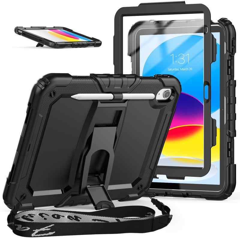 SEYMAC stock iPad A16 第11世代/第10世代専用ケース 耐衝撃 横置きキックスタンド 保護フィルム付きフレーム 肩掛けショルダーストラップ付き ペン収納 全面保護カバー