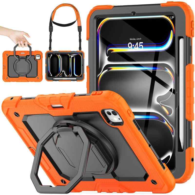 SEYMAC stock 2025年/2024年 iPad Pro 11インチ(M5/M4)専用リングハンドル耐衝撃ケース 保護フィルム付き前面カバー ペン収納 360°回転リングハンドルスタンド ショルダーストラップ iPad Pro 11 第5世代