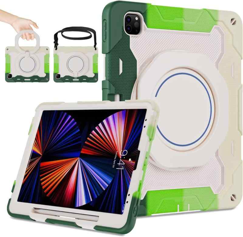 緃置きiPad Pro 11(M4) 2024 ケース 耐衝撃 肩ショルダー付き 360°回転 スタンド ペン 収納 iPad Pro 11 第5世代専用保護ケース シリコン ハード 防塵 かわいい iPad Pro 11インチ(M4)カバー キッズ 子