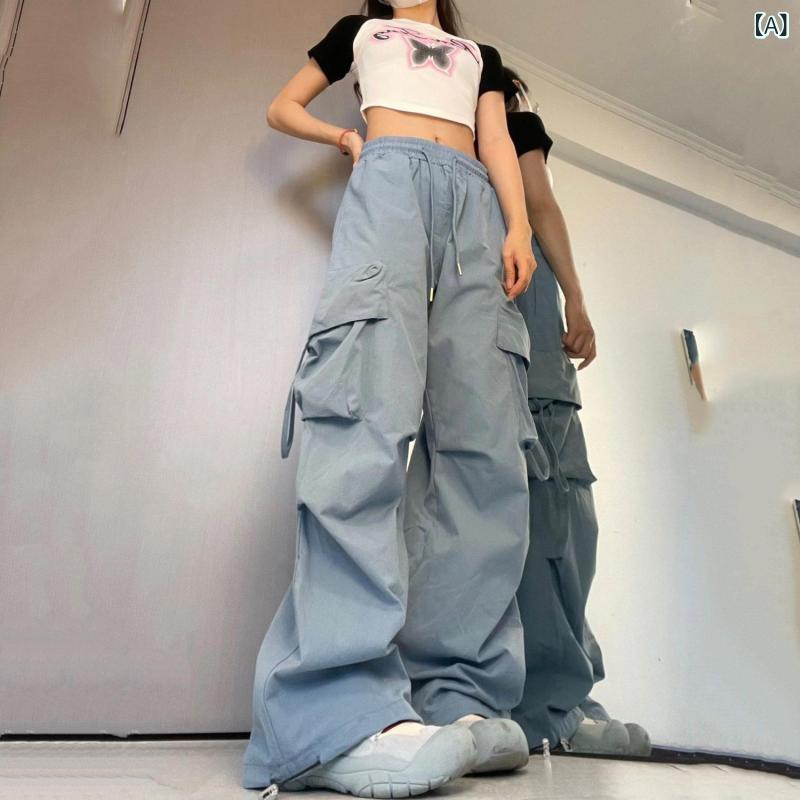 Cropped Pants - レディース 工装パンツ 韓国風 トレンド 長ズボン 直筒 垂感 束脚 ワイドレッグ ゆったり ミリタリー ポケット ポケット付き ポリエステル 微弾性 免烫 春季 日常使い 外出 通勤 ブルー ピンク イエロー 黒