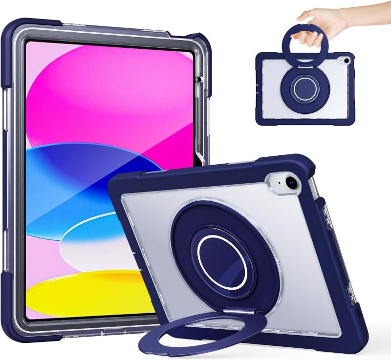 iPad (A16) 11インチ / 10インチ (第11世代 / 第10世代) ケース - 360度回転メタルスタンド、スクリーンプロテクター付き、クリアバック、子供向けの重厚な衝撃吸収ケース