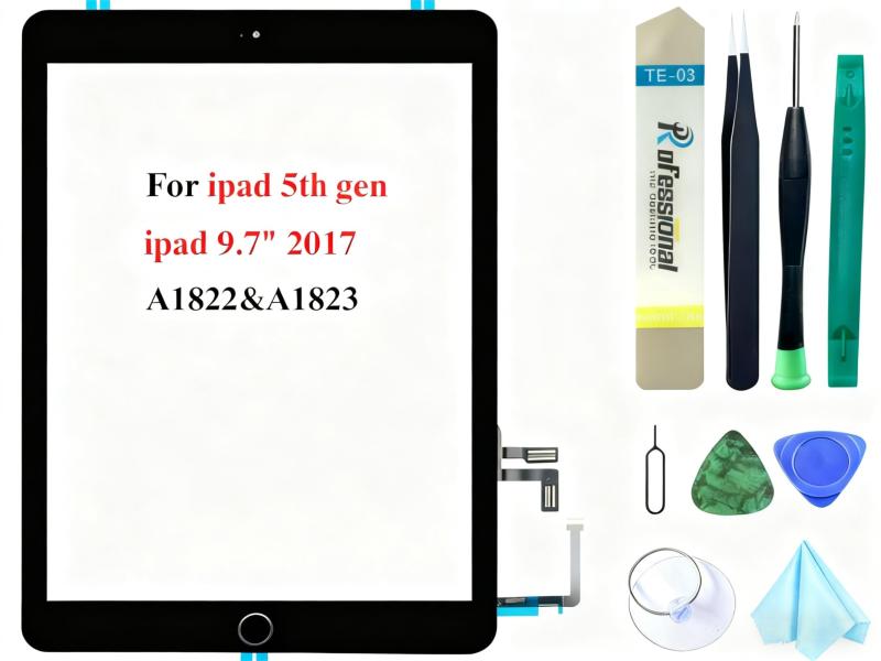 トタッチスクリーン交換用 iPad 5 2017 9.7インチ A1822 A1823 デジタイザーガラスアセンブリ ホームボタン + プリインストール接着剤 + ツールキット