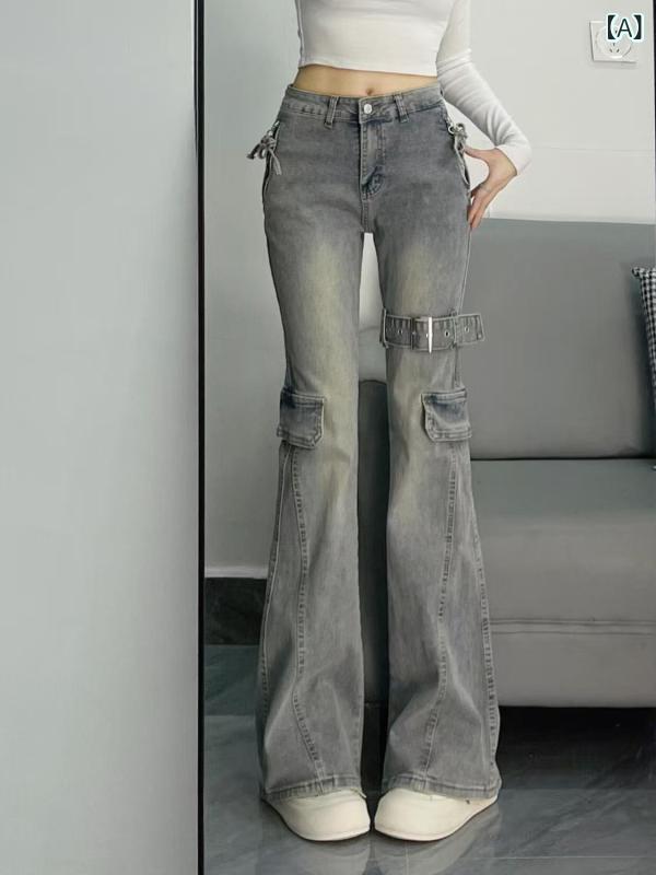 Capri Pants - レディース デニムパンツ 春夏 マイクロフレア ハイウエスト 工装風 切り替え デザイン 修身 スリム 街頭スタイル セクシー 綿素材 高弾性 長丈 中厚 ボタン ブルー ブラック 普段使い 通勤用 軽量 伸縮性 通年
