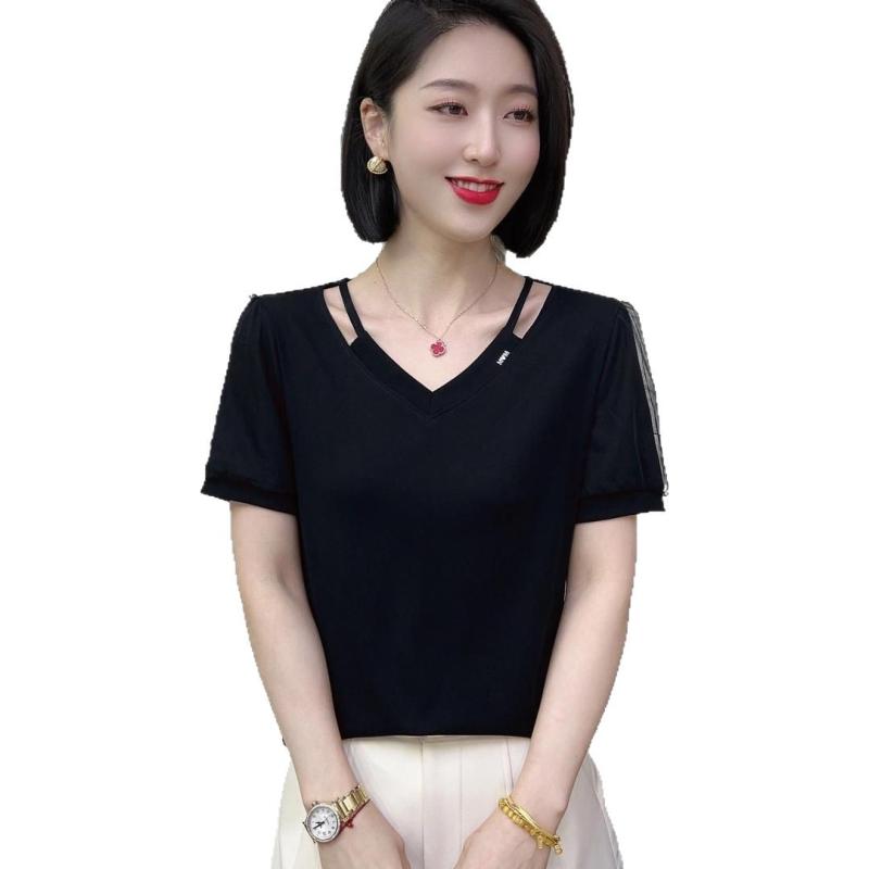 Tシャツ 女性用 短袖 Vネック 泡泡袖 レース 切り替え ブラウス トップス 黒 赤 紫 緑 黄 ポリエステル 再生繊維 Aライン 普通丈 気質 通勤 普段使い 夏 春夏 吸湿速乾 軽量 伸縮性 接触冷感 かわいい 女性服