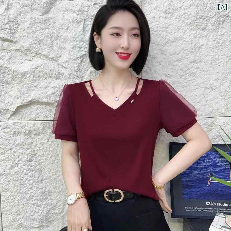 Tシャツ 女性用 短袖 Vネック 泡泡袖 レース 切り替え ブラウス トップス 黒 赤 紫 緑 黄 ポリエステル 再生繊維 Aライン 普通丈 気質 通勤 普段使い 夏 春夏 吸湿速乾 軽量 伸縮性 接触冷感 かわいい 女性服 2