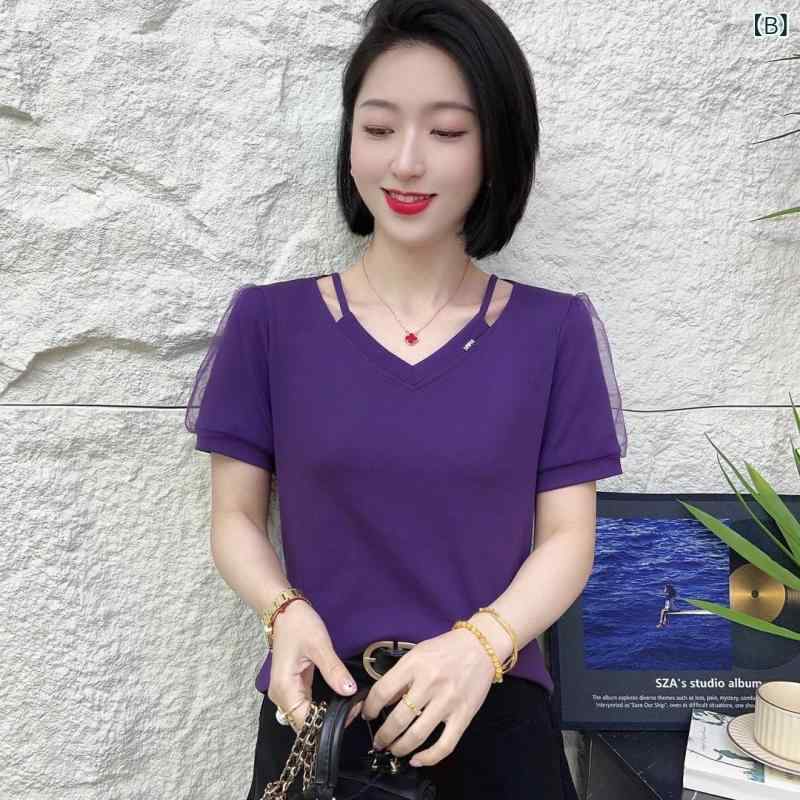 Tシャツ 女性用 短袖 Vネック 泡泡袖 レース 切り替え ブラウス トップス 黒 赤 紫 緑 黄 ポリエステル 再生繊維 Aライン 普通丈 気質 通勤 普段使い 夏 春夏 吸湿速乾 軽量 伸縮性 接触冷感 かわいい 女性服 3