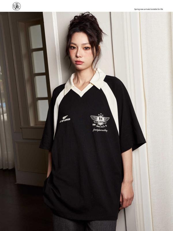乐天商城 - Tシャツ レディース ブラック コットン Vネック 短袖 ポロ風 トップス ワイドシルエット 切り替え プリント 夏 通勤用 気質 快適 日常使い 軽量 吸湿速乾 伸縮性 ビッグシルエット カジュアル ルームウェア アウトドア ブラック系 アイボリー ピ