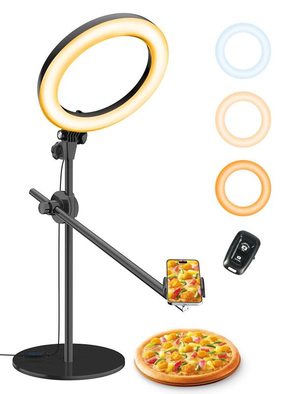 LUXSURE リングライト 俯瞰撮影 スマホスタンド ライト付き 撮影用ライト 手元撮影 3色モード10段調光 手元撮影用スマホスタンド 安定性良い 配信用ライト卓上 撮影 ライト USB給電式 料理 撮