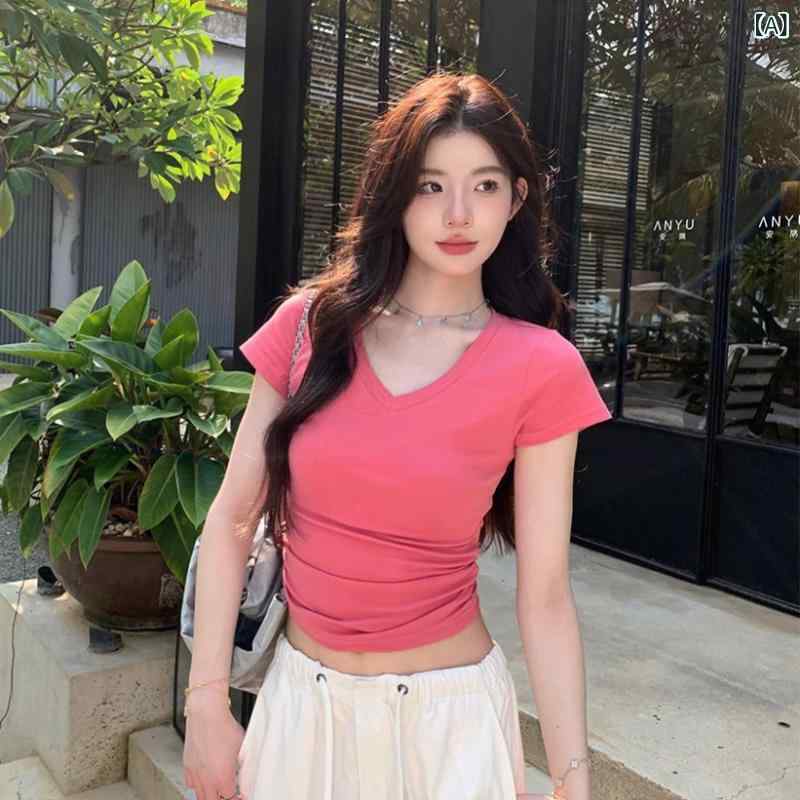 Tシャツ 女性用 春夏 短袖 Vネック 修身 短丈 純綿 接触冷感 切り替え ピンク系 ブラック ホワイト グレー 日韓カジュアル 日常 通勤 運動 観光 ヨガ ビーチ フィットネス 柔らか素材 吸湿速乾 軽量 伸縮性 shadowtail-11106967 シャドーテール サンプル画像2