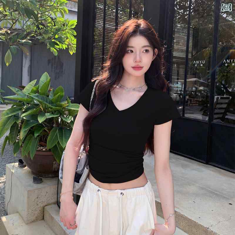 Tシャツ 女性用 春夏 短袖 Vネック 修身 短丈 純綿 接触冷感 切り替え ピンク系 ブラック ホワイト グレー 日韓カジュアル 日常 通勤 運動 観光 ヨガ ビーチ フィットネス 柔らか素材 吸湿速乾 軽量 伸縮性 shadowtail-11106967 シャドーテール サンプル画像3