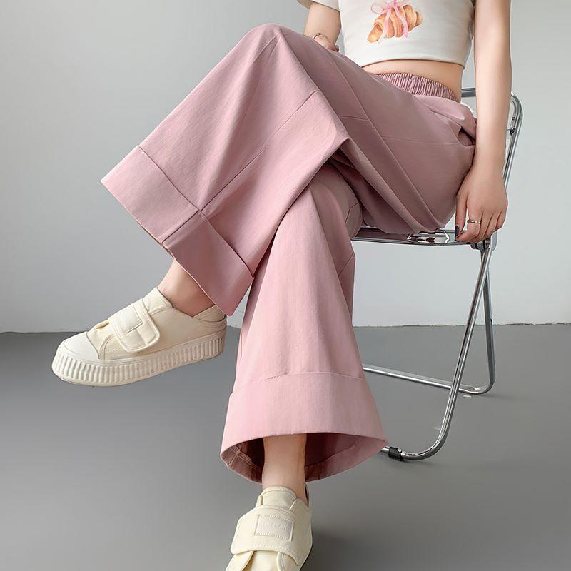レディース ワイドパンツ 春夏 薄手 高腰 ストレート ゆったり 垂感 ロールアップ 九分丈 ポケット 付き 涤纶 混 ストレッチ 白 ピンク..