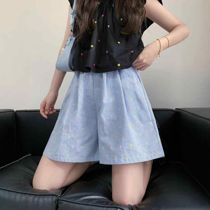 Capri Pants - レディース ショートパンツ 夏 綿 素材 薄手 微弾力 切り替え デザイン 直筒型 ゆったり シルエット 高腰 Aライン 脚痩せ 効果 ポケット 付き 日韓 スタイル かわいい 甘め 韓国風 ブルー イエロー 韓国ファッション 女性 ボトムス 5分丈 ハ