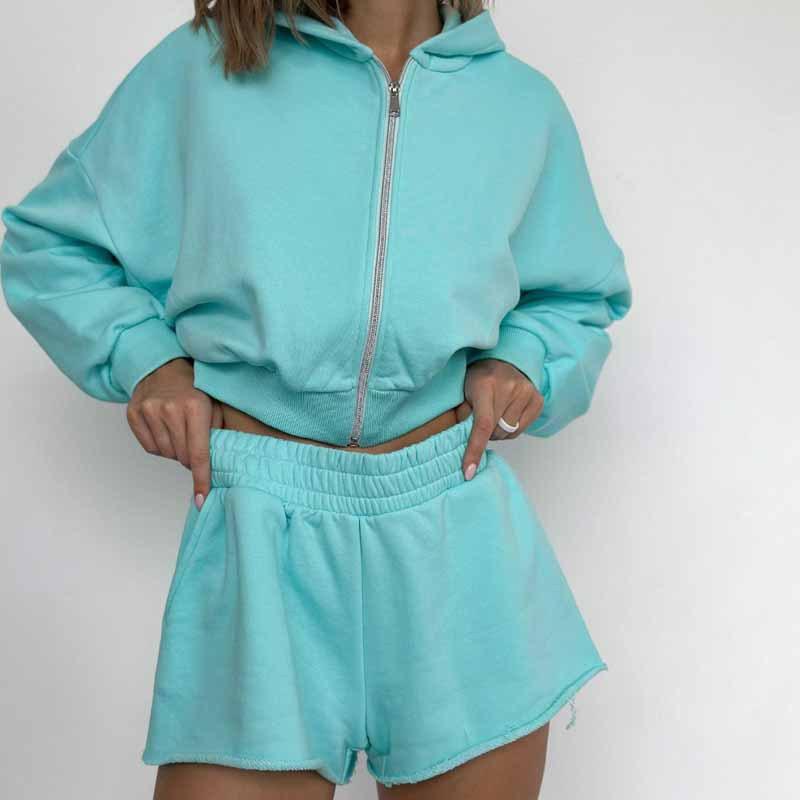 レディース 秋冬 セットアップ 連帽 ジップ フーディ ショートパンツ セット 純色 長袖 ポリエステル スパンデックス 混合 湖ブルー ピンク 5分丈 ノーアイロン 処理 快適 日常使い カジュアル スタイル