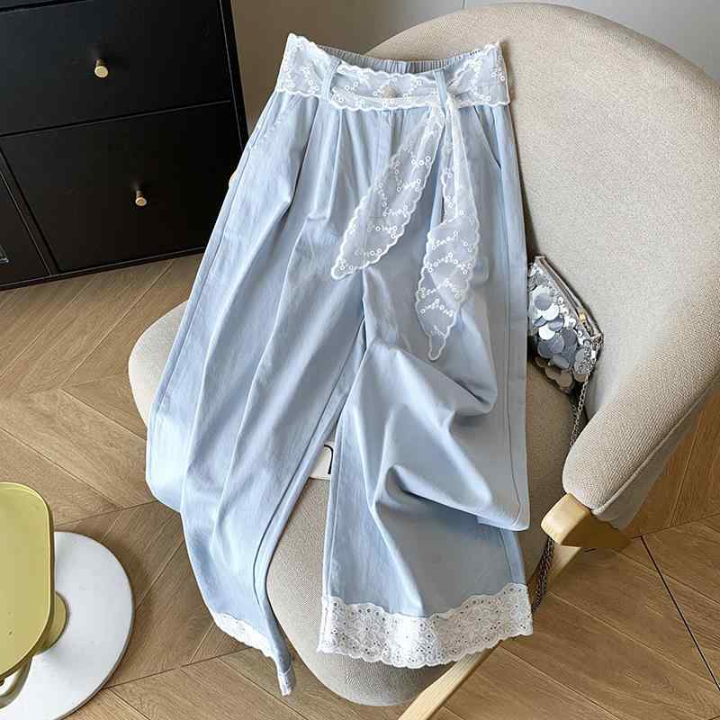 パンツ レディース レース 花柄 切り替え 洗い加工 コットン ワイドレッグ 春夏 韓国風 かわいい ゆったり ストレート カジュアルパンツ ブラック ホワイト ピンク 高腰 9分丈