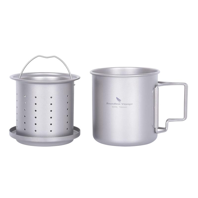 Boundless Voyage チタンマグカップ アウトドア キャンプ シングル マグカップ 直火 茶こし付きマグカップ チタン製 超軽量 頑丈 蓋付き 折りたたみハンドル チタンマグ アウトドア ソロキャン