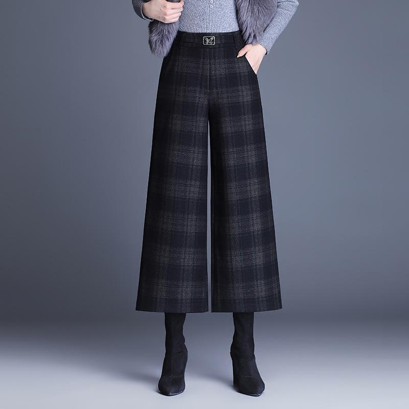 Rakuten - パンツ レディース 秋冬 チェック柄 ワイドレッグパンツ 高腰 9分丈 ズボン ゆったり ストレート 厚手 あったか 通勤 きれいめ かわいい 裏地付き