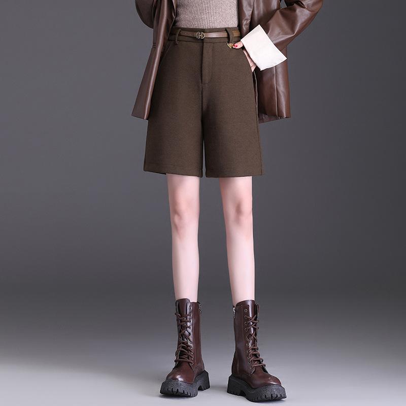 Long Pants - ショートパンツ レディース 秋冬 韓国風 ハイウエスト ワイドレッグ Aライン ゆったり ストレート ポリエステル 黒 茶色 ポケット付き カジュアル 通勤