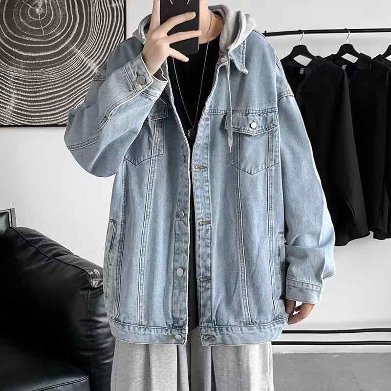 Blazer - デニムジャケット メンズ フード付き Gジャン ブルゾン 春秋 カジュアル 男性用 アウター トップス 長袖 ブラック ブルー 綿 耐摩耗
